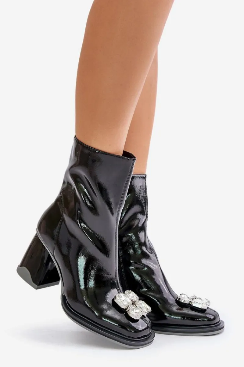 Outlet Lakierowane Botki Damskie Na Słupku Z Ozdobą D&A MR880-019 Czarne Damskie Botki Ocieplane|Botki Na Obcasie