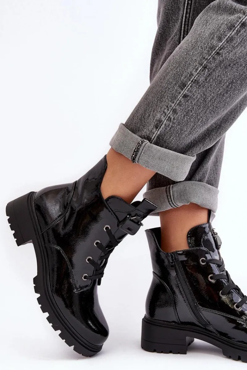 Botki Sznurowane|Czarne Botki>Damskie buty S.Barski Lakierowane Botki Damskie Na Suwak S.Barski HY93-91 Czarne