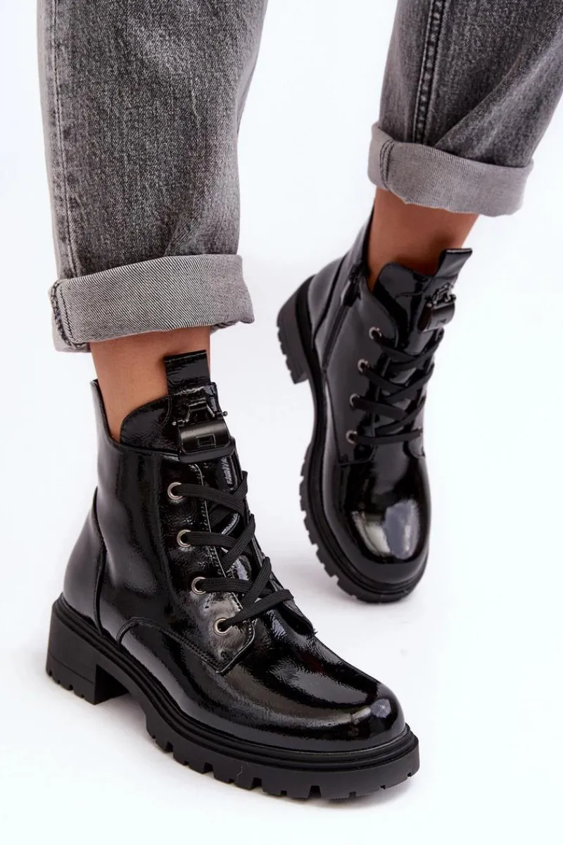 Botki Sznurowane|Czarne Botki>Damskie buty S.Barski Lakierowane Botki Damskie Na Suwak S.Barski HY93-91 Czarne