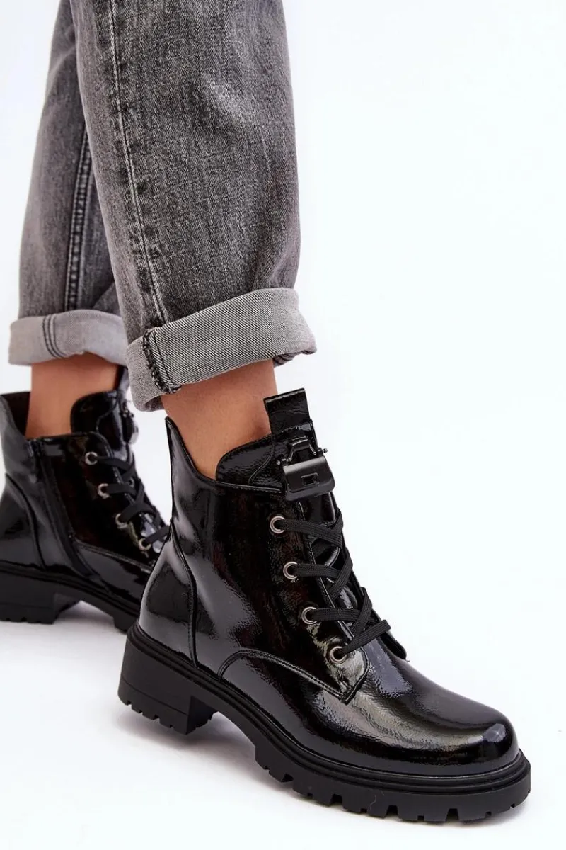 Botki Sznurowane|Czarne Botki>Damskie buty S.Barski Lakierowane Botki Damskie Na Suwak S.Barski HY93-91 Czarne