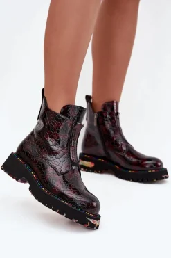 Botki Ocieplane|Botki Skórzane>Artiker Lakierowane Botki Damskie Z Naturalnej Skóry Ocieplane 57C0165 Bordowe Czerwony