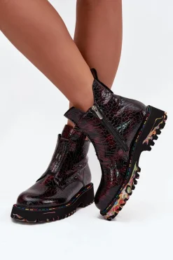 Botki Ocieplane|Botki Skórzane>Artiker Lakierowane Botki Damskie Z Naturalnej Skóry Ocieplane 57C0165 Bordowe Czerwony