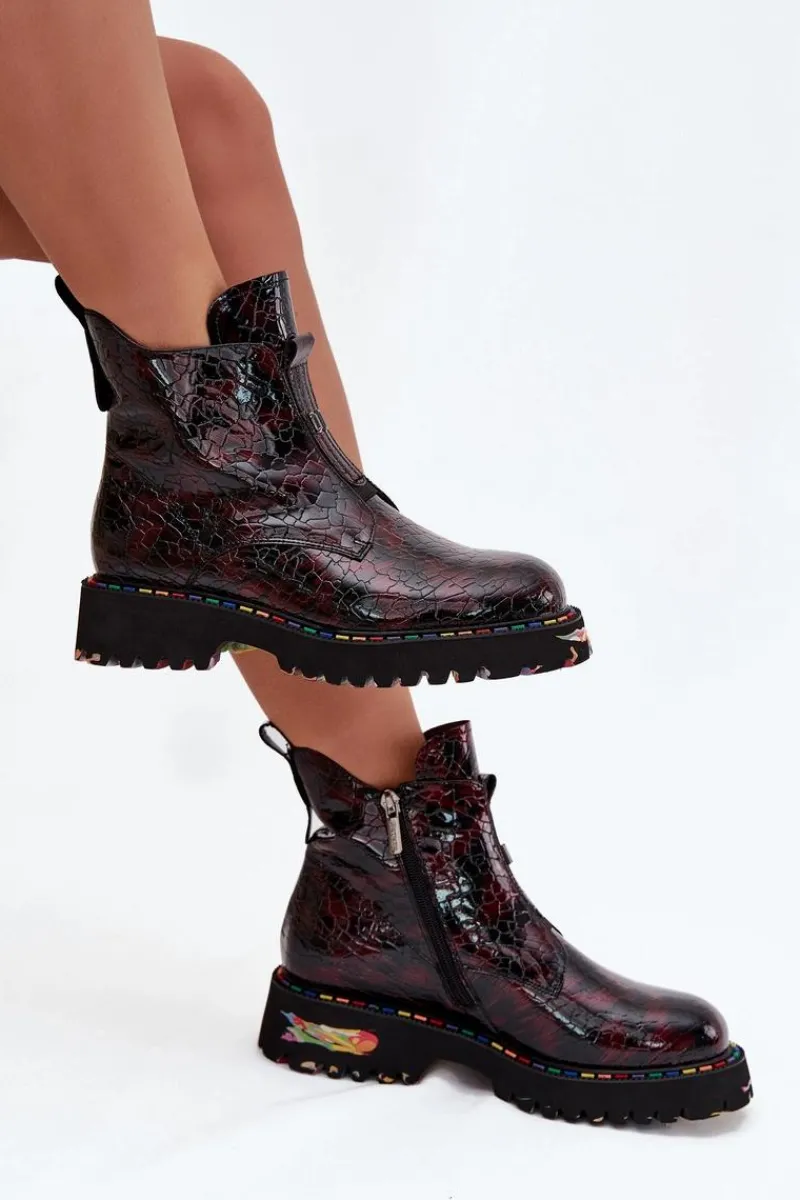 Botki Ocieplane|Botki Skórzane>Artiker Lakierowane Botki Damskie Z Naturalnej Skóry Ocieplane 57C0165 Bordowe Czerwony