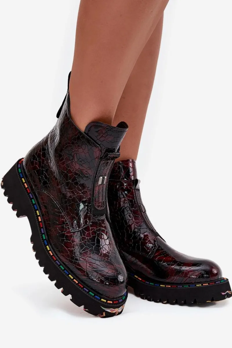 Botki Ocieplane|Botki Skórzane>Artiker Lakierowane Botki Damskie Z Naturalnej Skóry Ocieplane 57C0165 Bordowe Czerwony