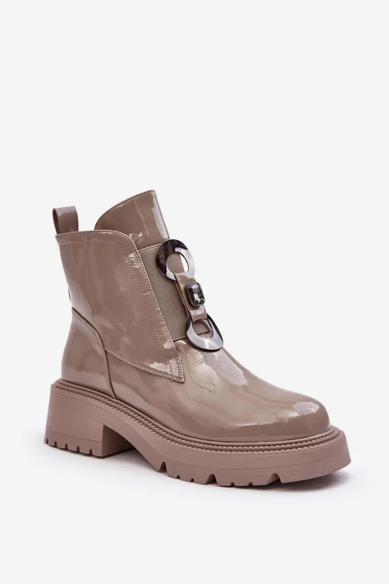 Lakierowane Botki Damskie Z Ozdobą Beżowe S.Barski MR870-53 Damskie Brązowe I Beżowe Botki|Botki Płaskie