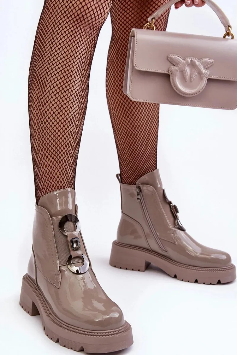 Lakierowane Botki Damskie Z Ozdobą Beżowe S.Barski MR870-53 Damskie Brązowe I Beżowe Botki|Botki Płaskie