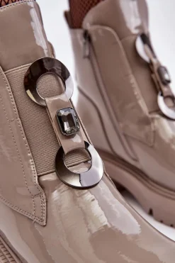 Lakierowane Botki Damskie Z Ozdobą Beżowe S.Barski MR870-53 Damskie Brązowe I Beżowe Botki|Botki Płaskie