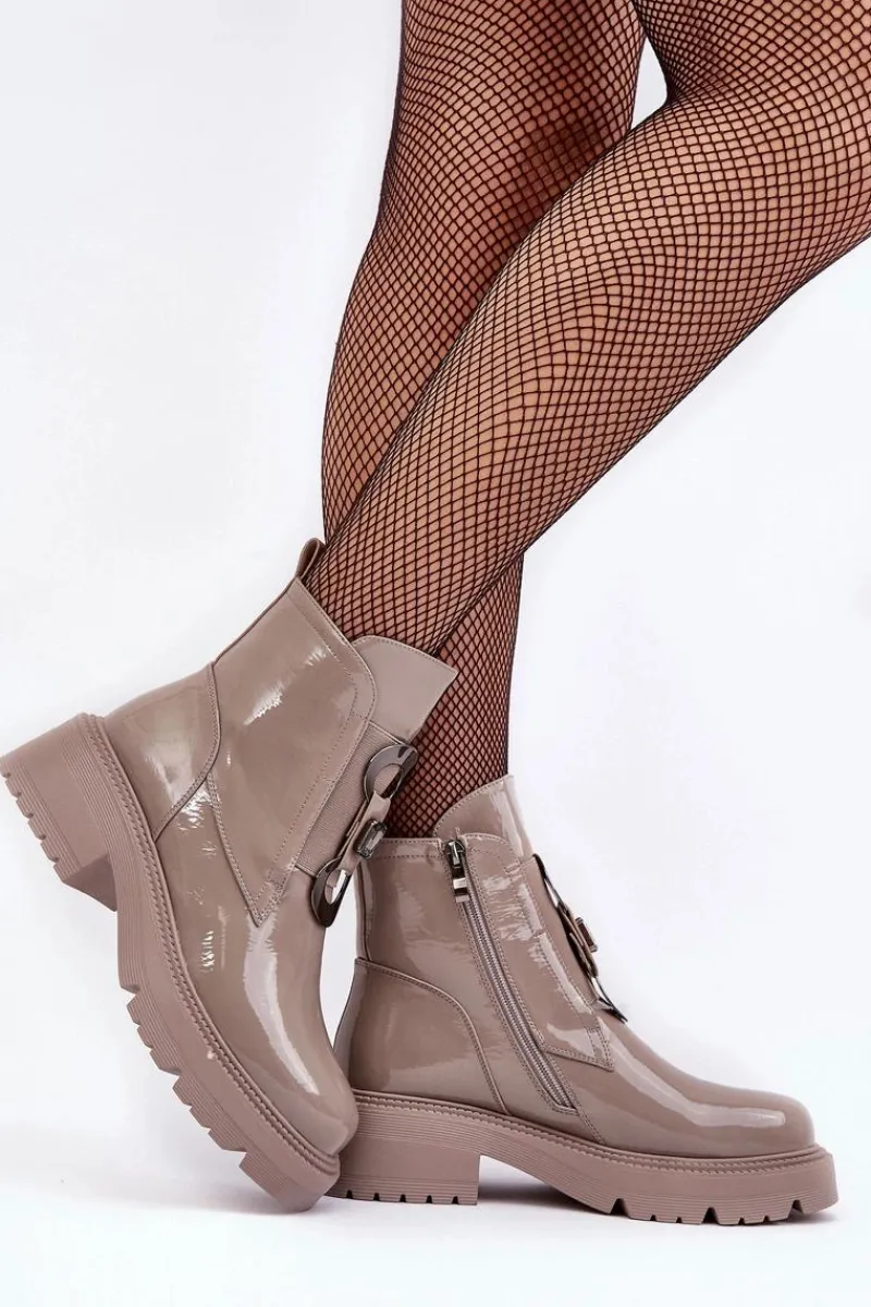 Lakierowane Botki Damskie Z Ozdobą Beżowe S.Barski MR870-53 Damskie Brązowe I Beżowe Botki|Botki Płaskie