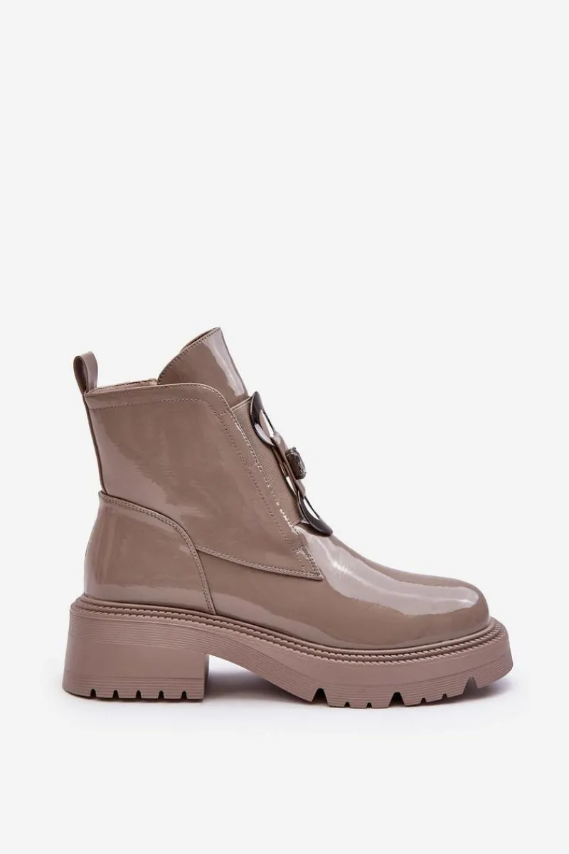 Lakierowane Botki Damskie Z Ozdobą Beżowe S.Barski MR870-53 Damskie Brązowe I Beżowe Botki|Botki Płaskie