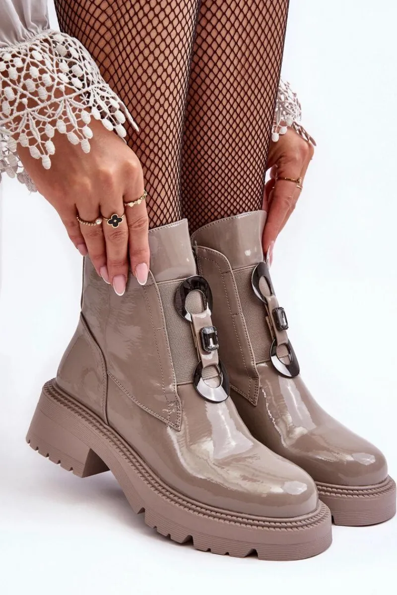 Lakierowane Botki Damskie Z Ozdobą Beżowe S.Barski MR870-53 Damskie Brązowe I Beżowe Botki|Botki Płaskie