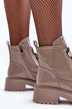 Lakierowane Botki Damskie Z Ozdobą Beżowe S.Barski MR870-53 Damskie Brązowe I Beżowe Botki|Botki Płaskie