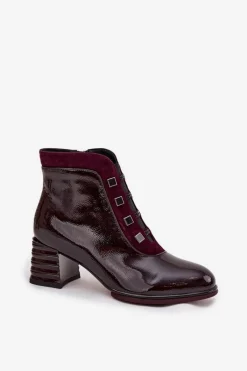 Sale D&A Lakierowane Botki Damskie Z Naturalnej Skóry Na Słupku CR52-696 Bordowe Czerwony