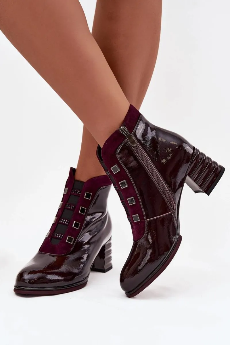Sale D&A Lakierowane Botki Damskie Z Naturalnej Skóry Na Słupku CR52-696 Bordowe Czerwony
