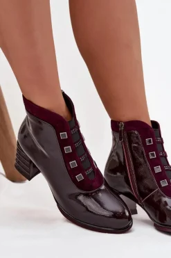 Sale D&A Lakierowane Botki Damskie Z Naturalnej Skóry Na Słupku CR52-696 Bordowe Czerwony