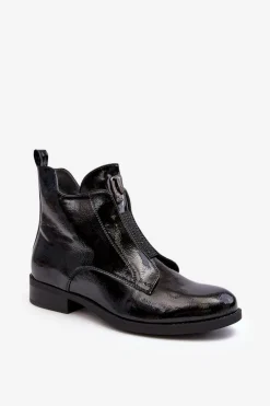 Outlet Lakierowane Botki Damskie Na Płaskim Obcasie Ocieplane Czarne S.Barski HY75-120 Czarne Damskie Czarne Botki|Botki Płaskie