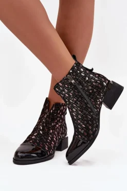 Clearance Lakierowane Botki Damskie Z Naturalnej Skóry Na Niskim Obcasie LZ52-960 Czarne Damskie Botki Ocieplane|Czarne Botki