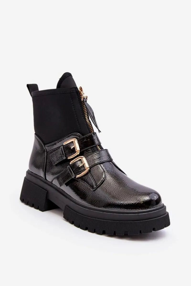 Outlet Boto Lakierowane Botki Damskie Na Płaskim Obcasie Czarne Rellisa