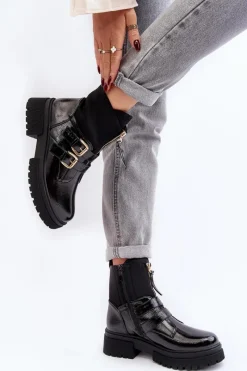 Outlet Boto Lakierowane Botki Damskie Na Płaskim Obcasie Czarne Rellisa