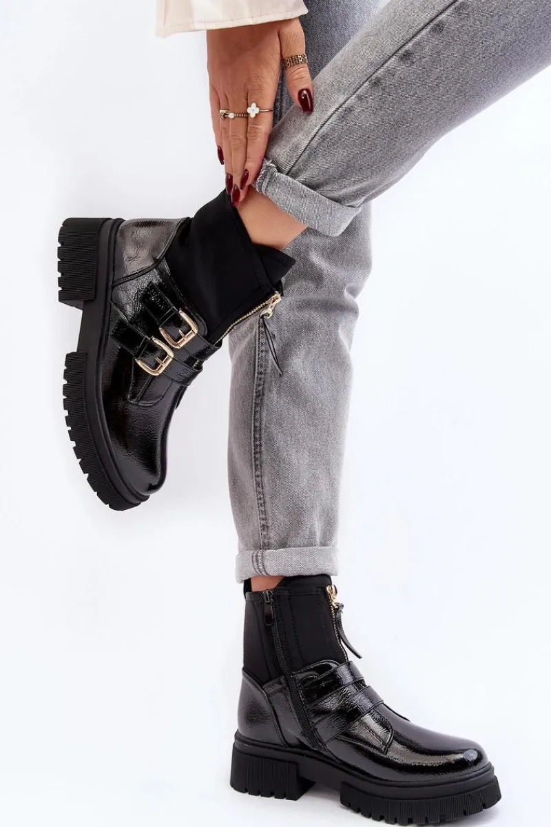 Outlet Boto Lakierowane Botki Damskie Na Płaskim Obcasie Czarne Rellisa