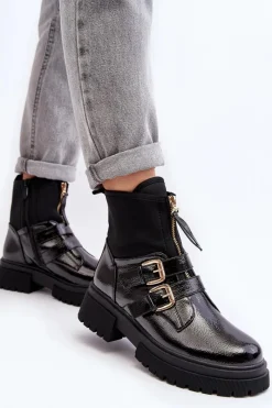 Outlet Boto Lakierowane Botki Damskie Na Płaskim Obcasie Czarne Rellisa