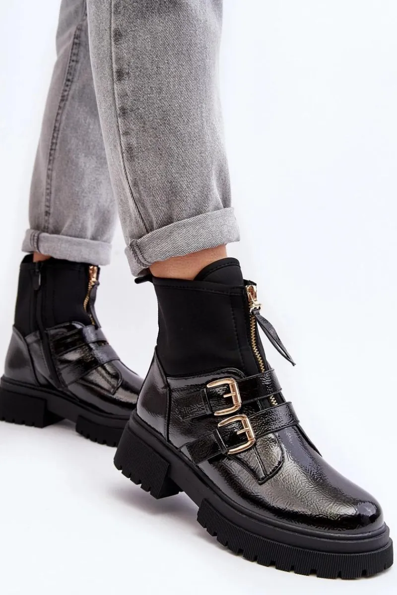 Outlet Boto Lakierowane Botki Damskie Na Płaskim Obcasie Czarne Rellisa