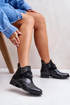 Outlet Damskie buty S.Barski Lakierowane Botki Damskie Z Ozdobą Ocieplane S.Barski HY42-021 Czarne