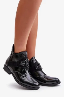 Outlet Damskie buty S.Barski Lakierowane Botki Damskie Z Ozdobą Ocieplane S.Barski HY42-021 Czarne