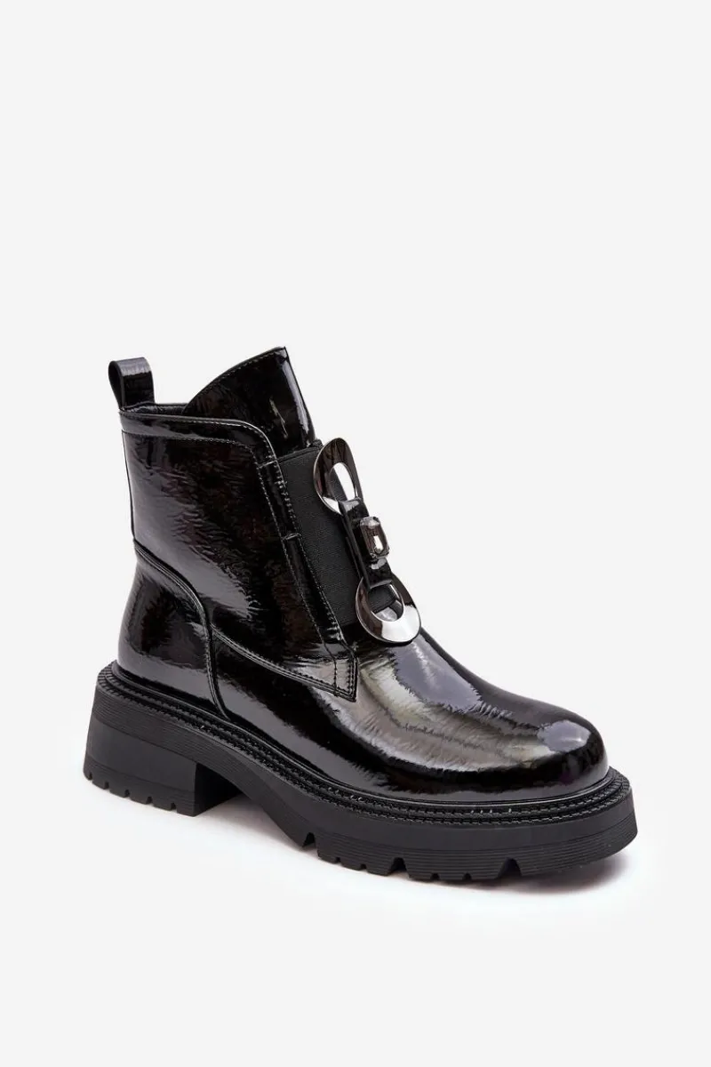 Czarne Botki|Botki Płaskie>Damskie buty S.Barski Lakierowane Botki Damskie Z Ozdobą Czarne S.Barski MR870-53