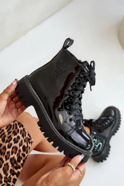 New Boto Lakierowane Botki Damskie Na Zamek Z Ozdobnym Sercem Czarne Obeena