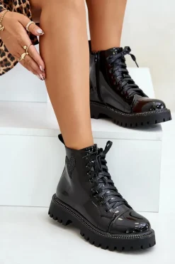 New Boto Lakierowane Botki Damskie Na Zamek Z Ozdobnym Sercem Czarne Obeena