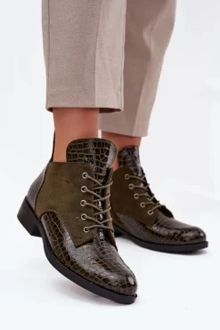 Outlet Buty damskie Vinceza Lakierowane Botki Damskie Z Ozdobnym Tłoczeniem Ocieplane Vinceza 16477 Ciemnozielone Zielony