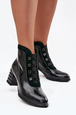 Botki Ocieplane|Botki Zimowe Damskie>D&A Lakierowane Botki Damskie Z Naturalnej Skóry Na Słupku CR52-696 Ciemnozielone Zielony