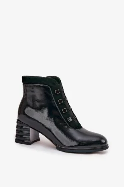 Botki Ocieplane|Botki Zimowe Damskie></noscript>D&A Lakierowane Botki Damskie Z Naturalnej Skóry Na Słupku CR52-696 Ciemnozielone Zielony