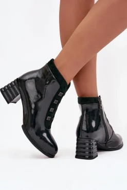 Botki Ocieplane|Botki Zimowe Damskie></noscript>D&A Lakierowane Botki Damskie Z Naturalnej Skóry Na Słupku CR52-696 Ciemnozielone Zielony