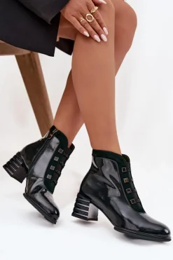 Botki Ocieplane|Botki Zimowe Damskie></noscript>D&A Lakierowane Botki Damskie Z Naturalnej Skóry Na Słupku CR52-696 Ciemnozielone Zielony