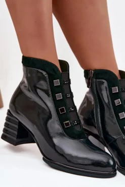 Botki Ocieplane|Botki Zimowe Damskie></noscript>D&A Lakierowane Botki Damskie Z Naturalnej Skóry Na Słupku CR52-696 Ciemnozielone Zielony