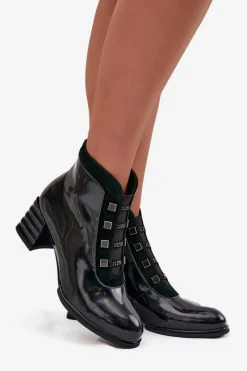 Botki Ocieplane|Botki Zimowe Damskie></noscript>D&A Lakierowane Botki Damskie Z Naturalnej Skóry Na Słupku CR52-696 Ciemnozielone Zielony