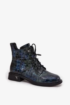 D&A Lakierowane Botki Damskie Z Naturalnej Skóry LZ52-962 Granatowe
