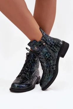 D&A Lakierowane Botki Damskie Z Naturalnej Skóry LZ52-962 Granatowe