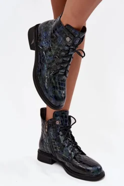 D&A Lakierowane Botki Damskie Z Naturalnej Skóry LZ52-962 Granatowe