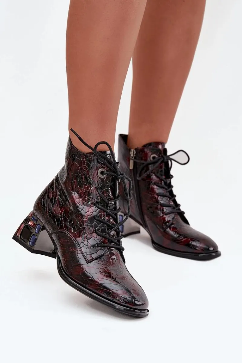 Botki Ocieplane|Botki Skórzane>Artiker Lakierowane Botki Damskie Z Naturalnej Skóry Na Obcasie Z Kryształkami 57C0130 Bordowe Czerwony