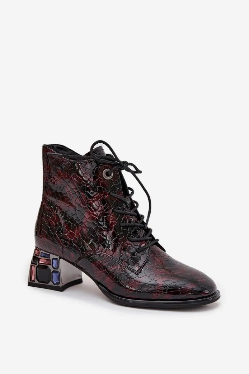 Botki Ocieplane|Botki Skórzane>Artiker Lakierowane Botki Damskie Z Naturalnej Skóry Na Obcasie Z Kryształkami 57C0130 Bordowe Czerwony