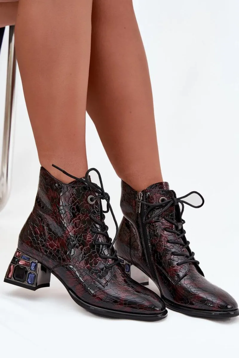 Botki Ocieplane|Botki Skórzane>Artiker Lakierowane Botki Damskie Z Naturalnej Skóry Na Obcasie Z Kryształkami 57C0130 Bordowe Czerwony