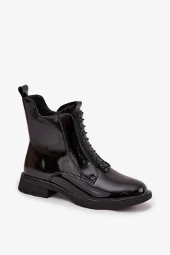 Botki Skórzane|Botki Płaskie></noscript>D&A Lakierowane Botki Damskie Z Naturalnej Skóry MR52-108 Czarne Czarny