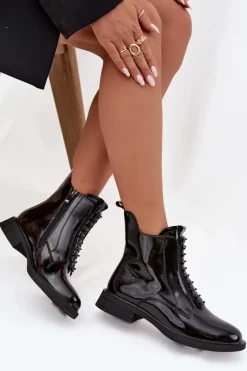 Botki Skórzane|Botki Płaskie></noscript>D&A Lakierowane Botki Damskie Z Naturalnej Skóry MR52-108 Czarne Czarny