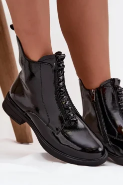 Botki Skórzane|Botki Płaskie></noscript>D&A Lakierowane Botki Damskie Z Naturalnej Skóry MR52-108 Czarne Czarny