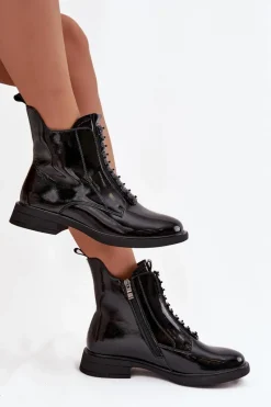 Botki Skórzane|Botki Płaskie></noscript>D&A Lakierowane Botki Damskie Z Naturalnej Skóry MR52-108 Czarne Czarny