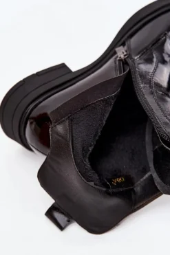 Botki Skórzane|Botki Płaskie></noscript>D&A Lakierowane Botki Damskie Z Naturalnej Skóry MR52-108 Czarne Czarny