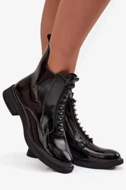 Botki Skórzane|Botki Płaskie></noscript>D&A Lakierowane Botki Damskie Z Naturalnej Skóry MR52-108 Czarne Czarny