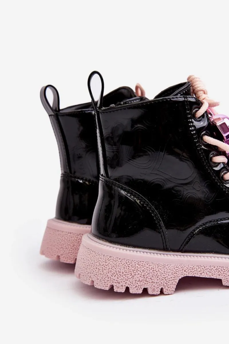 Dziewczęce>Evento Lakierowane Botki Dziecięce Ocieplane Z Ozdobą Czarno-Różowe Bunnyjoy